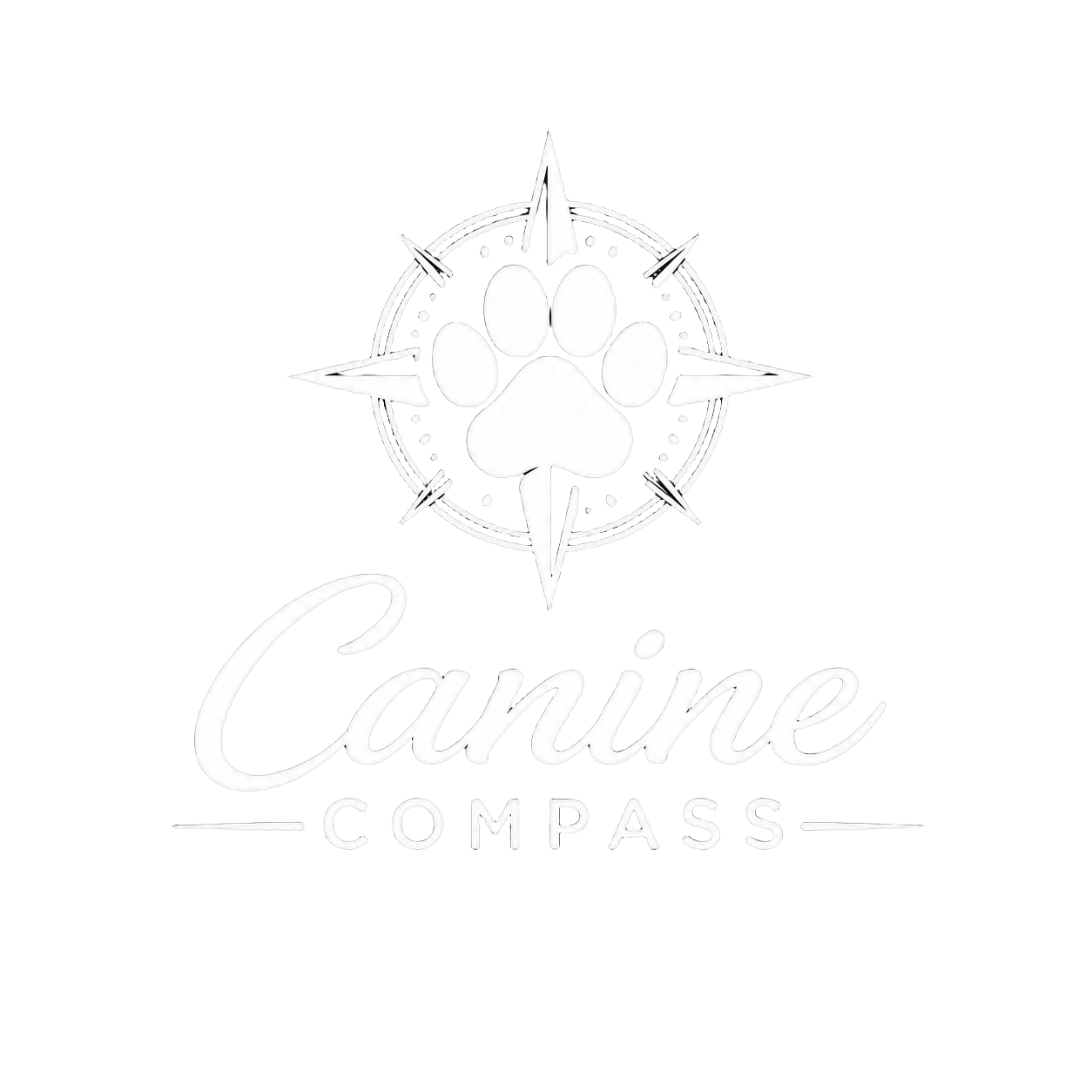 Remove the black background from this logo image, keeping only the white compass rose and paw print design with Canine Compass text. Make background fully transparent.